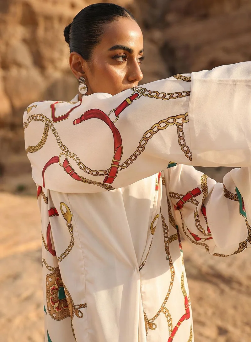 ISHIN  Off White Abstract print layered Abaya with Hijab for Women | Best Price UAE